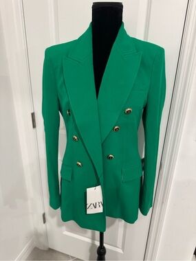 Zara Green Double-Breasted Blazer with Gold Buttons
